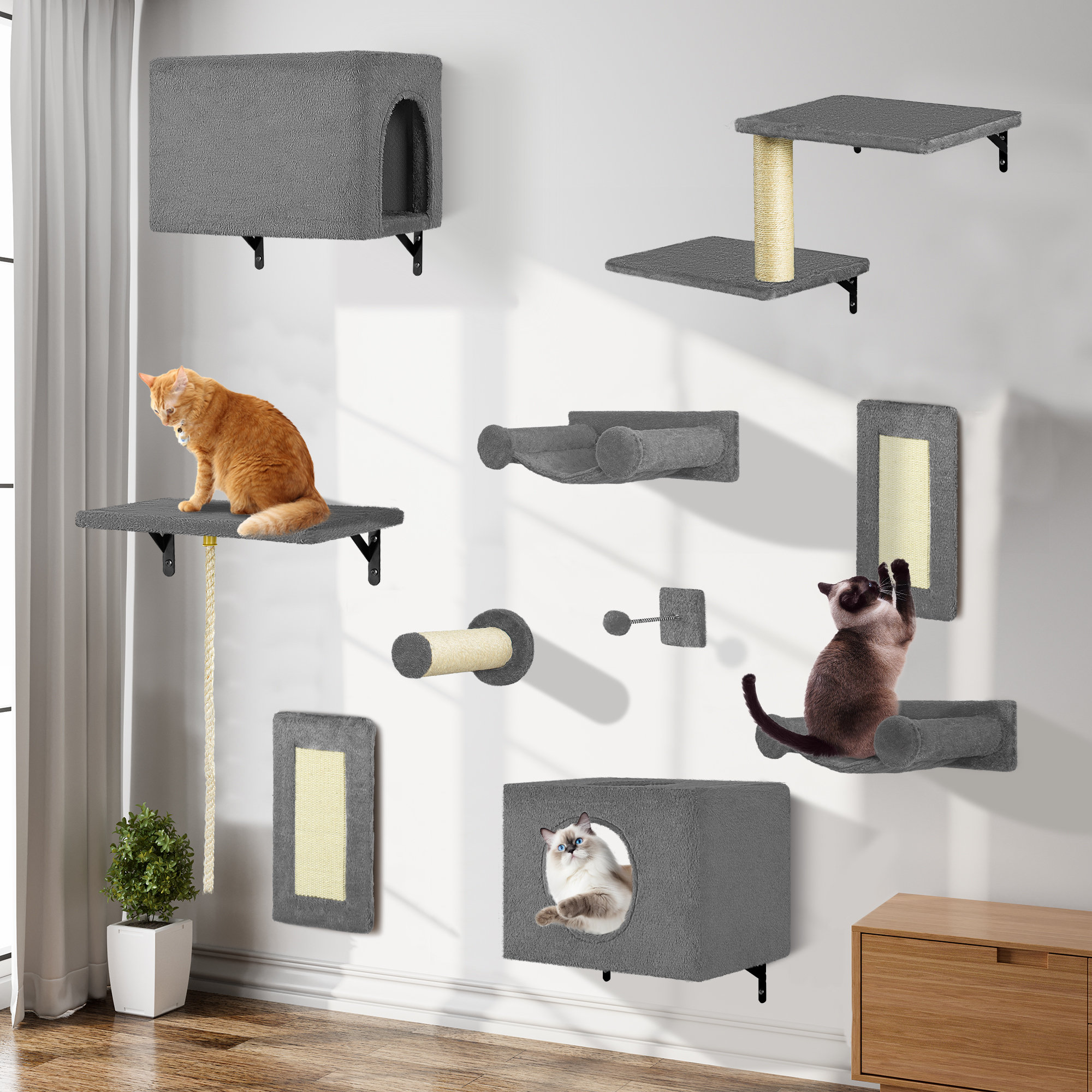 置物 maocat KAMABOKO 10-Piece Wall-Mounted Cat Tree Shelves, Cat Perch